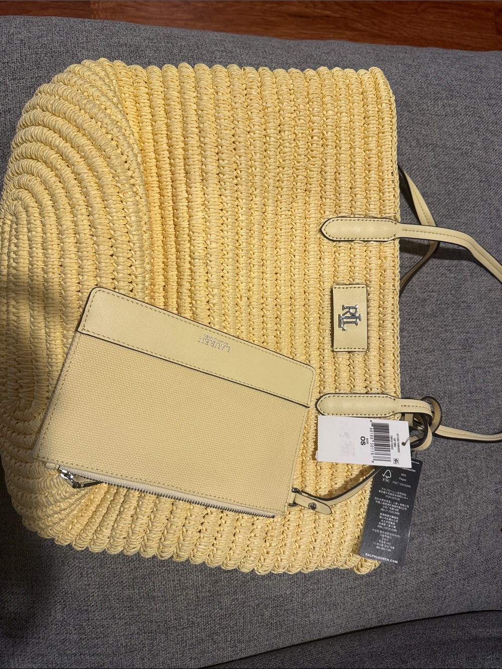 Ralph Lauren Pale Yellow Straw Tote with Matching Zip Pouch